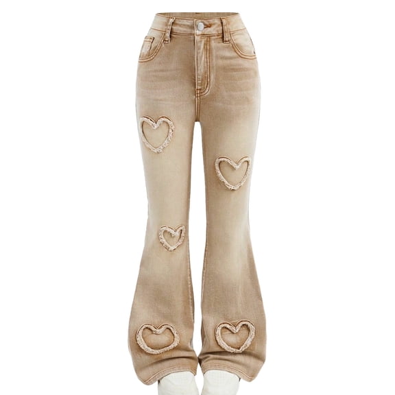 Girls High Waisted Flare Jeans, Distressed Bootcut Denim Pants with Heart Patches, Vintage Style, Khaki, Sizes 6-14,Size 10-11T