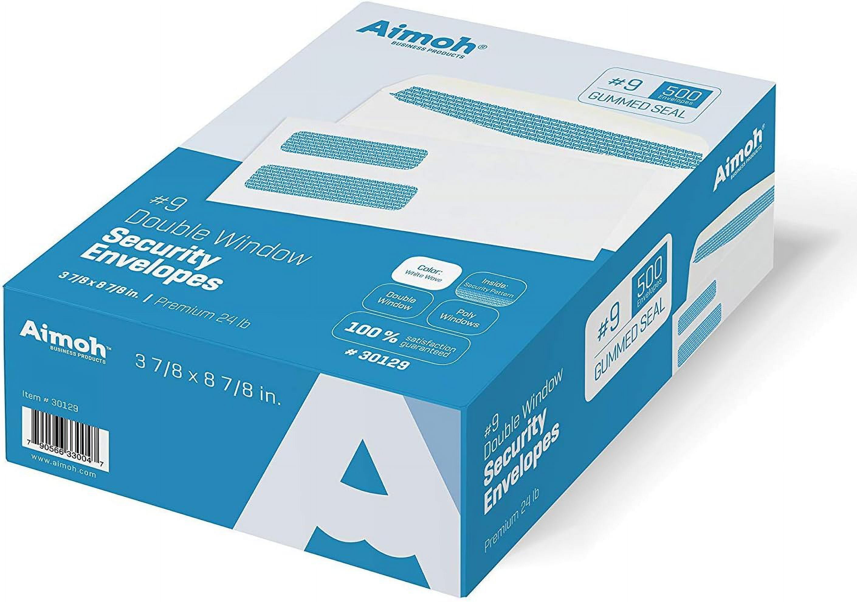 Aimoh Gummed #9 Security Business Envelopes, Double Window Mailing Envelopes, White, 3-7/8" x 8-7/8", 1000 Count