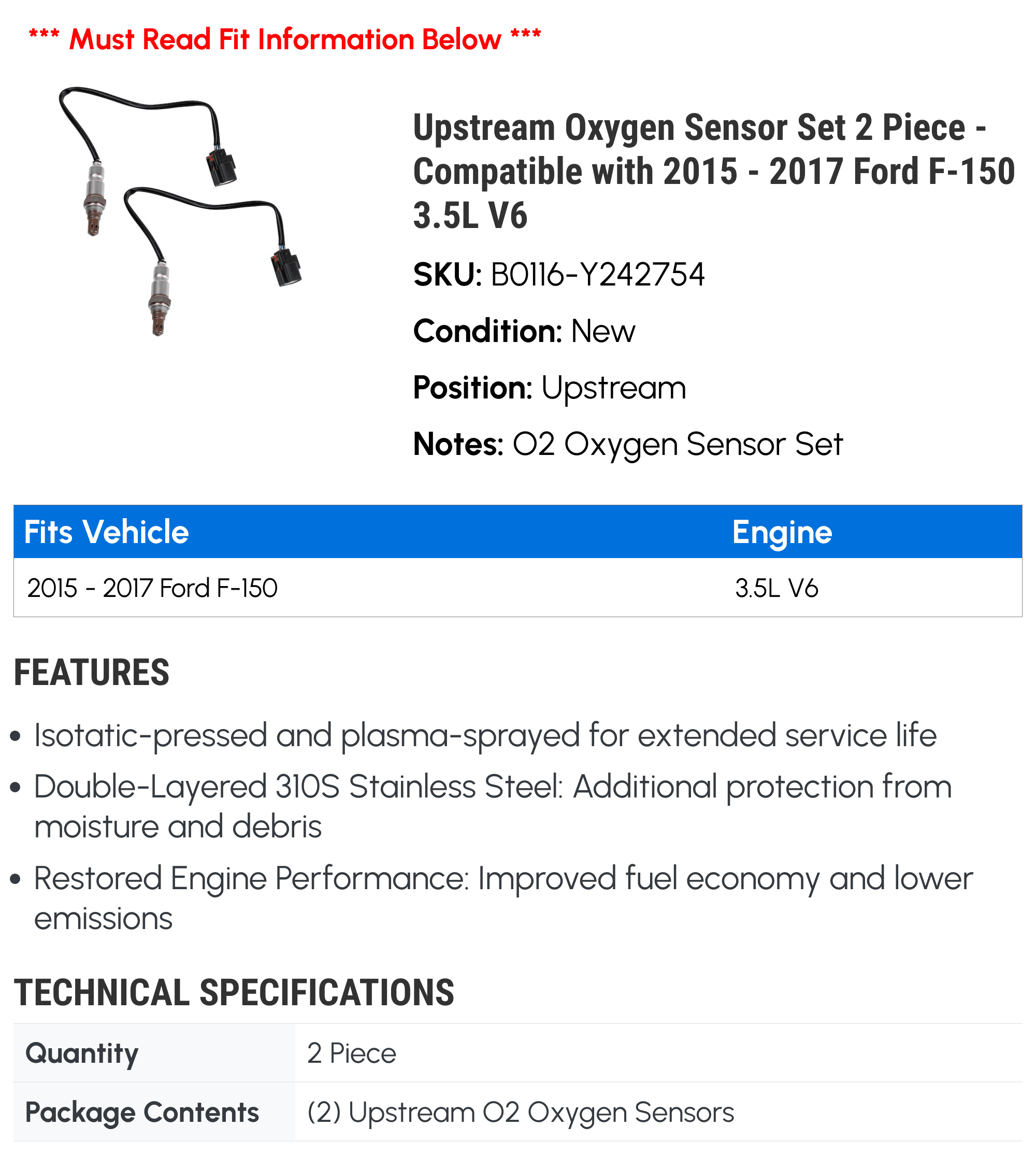 Upstream Oxygen Sensor Set 2 Piece - Compatible with 2015 - 2017 Ford F-150 3.5L V6 2016