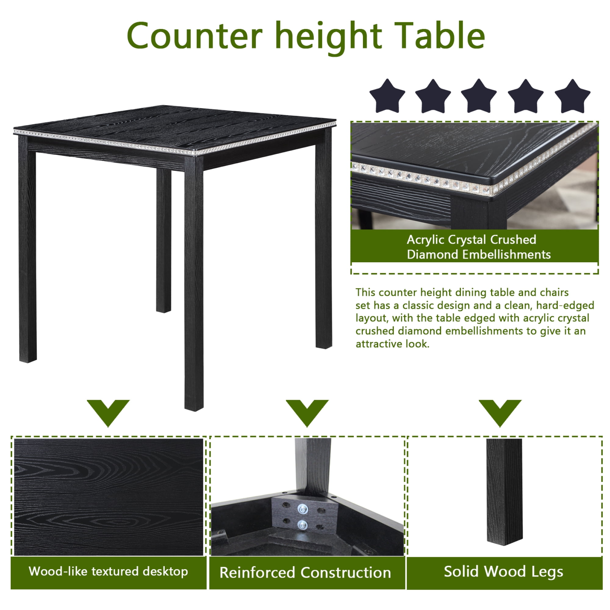 Leumius 5 Pieces Dining Table Set,Counter Height Table Set with Square Table and 4 Upholstered Chairs,Wooden Kitchen Table Set for Kitchen, Dining Room,Black