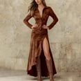 thumbnail image 3 of Western Cowgirl Dress for Women Long Sleeve Button Down Collared Ruched Waist High Low Slit Flowy Maxi Dresses, 3 of 5