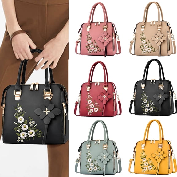 Stylago Women's Top Handle Purses with Embroidery Flower Leather Handbags Zipper Crossbody Shoulder Bags Ladies Work Tote Green