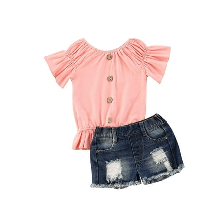 

Canrulo Toddler Baby Girl Shorts Set Solid Short Sleeve Crop Top Ripped Denim Shorts Infant Summer Outfits Pink 4-5 Years