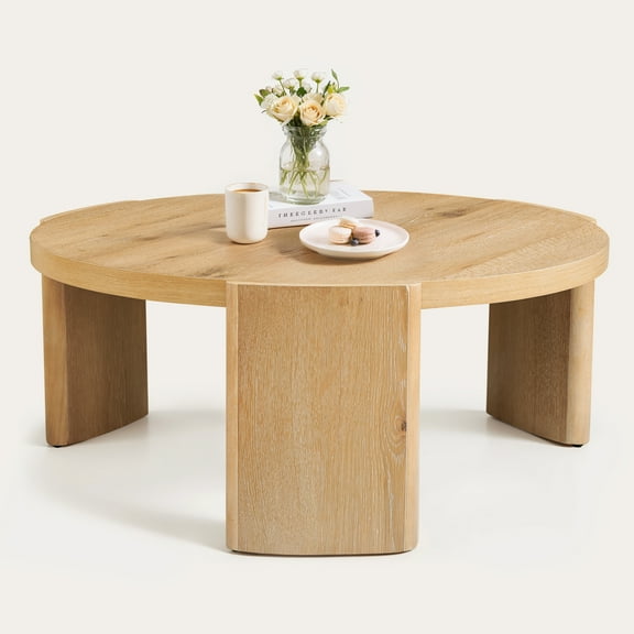 Round Coffee Table, 40" Wood Grain Modern Table with MDF Top and Solid Rubberwood Legs, Black & Natural Finish, for Living Room, Lounge, or Office(Natural)
