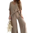 thumbnail image 2 of Xioeram 2 Pcs/Set Women Top Pants Set High Waist Solid Color Wide Leg Pleated Trousers V Neck Bat Sleeve Loose T-shirt Casual Commute Outfit Blouse Pants Set, 2 of 8