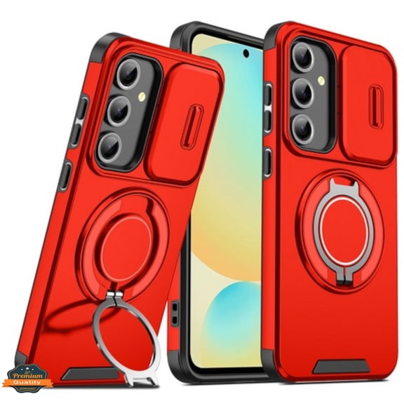 For Samsung Galaxy A37 5G Phone Case Hybrid Case with 360° Magnetic Ring Stand, Camera Slide Protector & Compatible with MagSafe Cover Red