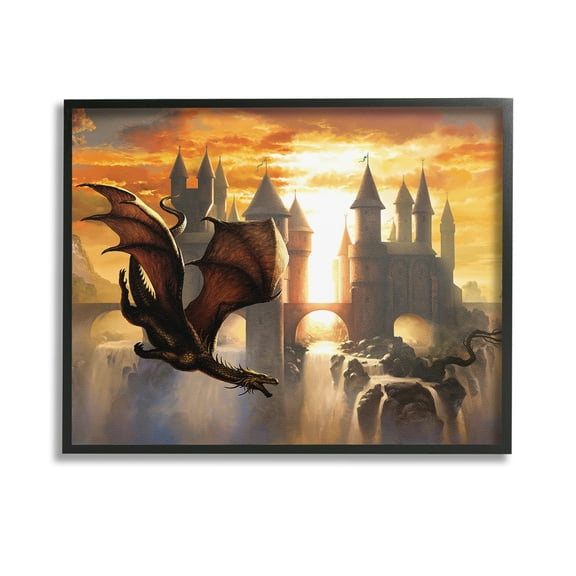 Stupell Industries Dragon & Castle Waterfall Fairy Tales & Fantasy Painting Black Framed Art Print Wall Art, 14 x 11