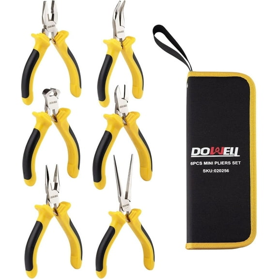 DOWELL 6-Piece Mini Pliers Set, Needle/Diagonal Long/Bent Nose End Cutting and Linesman for Making Crafts Repairing Electronic Devices with Pouch