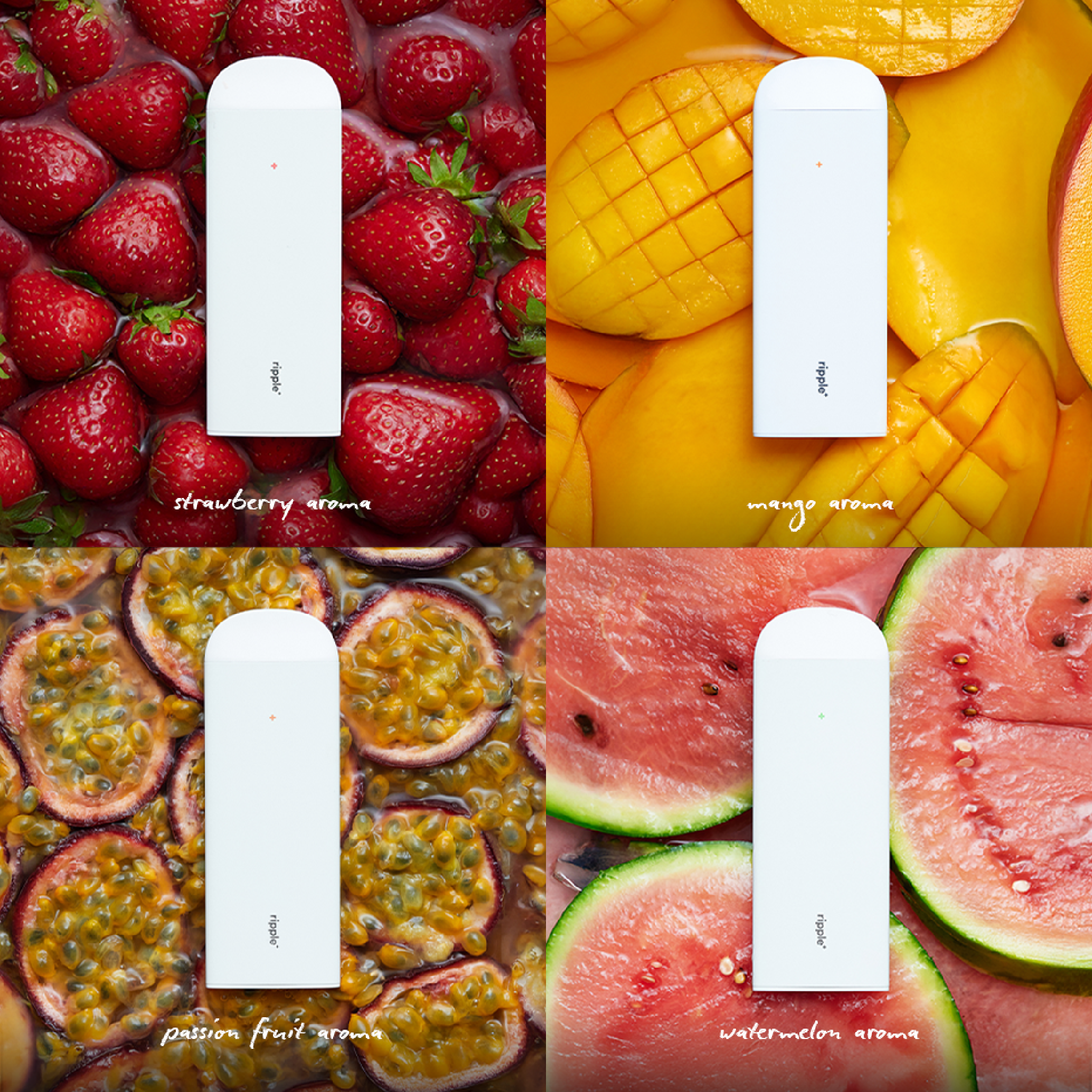 Ripple Zero Nicotine Fruity Set - Strawberry, Mango, Passion Fruit, Watermelon Aroma, 0% Nicotine Diffuser 4,000 Puffs, 4 Pack