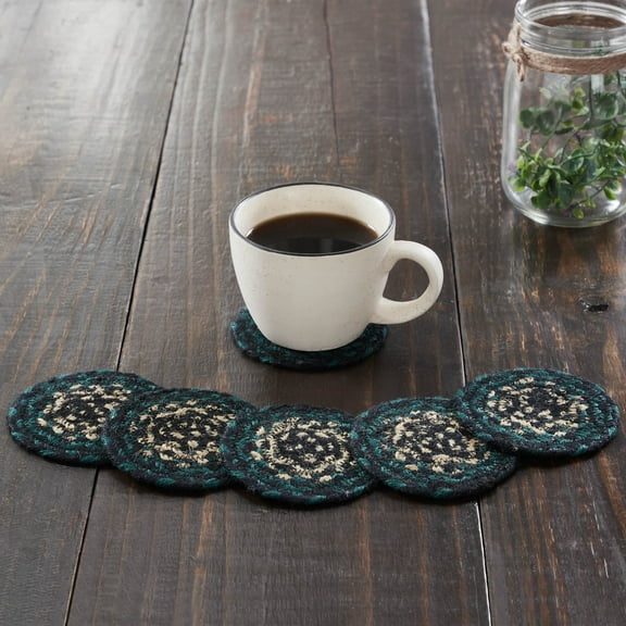 VHC Brands Pine Grove Natural Jute Coaster Set of 6, Green