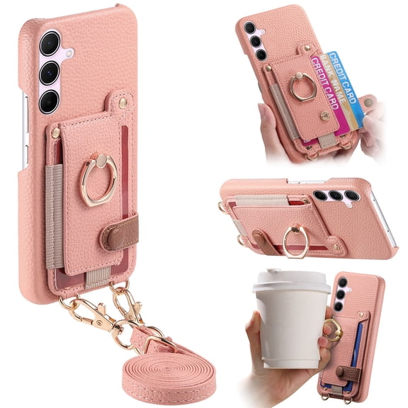 for Samsung Galaxy S26 Wallet Case with Elastic Card Holder & 360° Rotatable Ring Stand, Vintage PU Leather Kickstand Slim Fit Shockproof Cover with Shoulder Strap - Pink