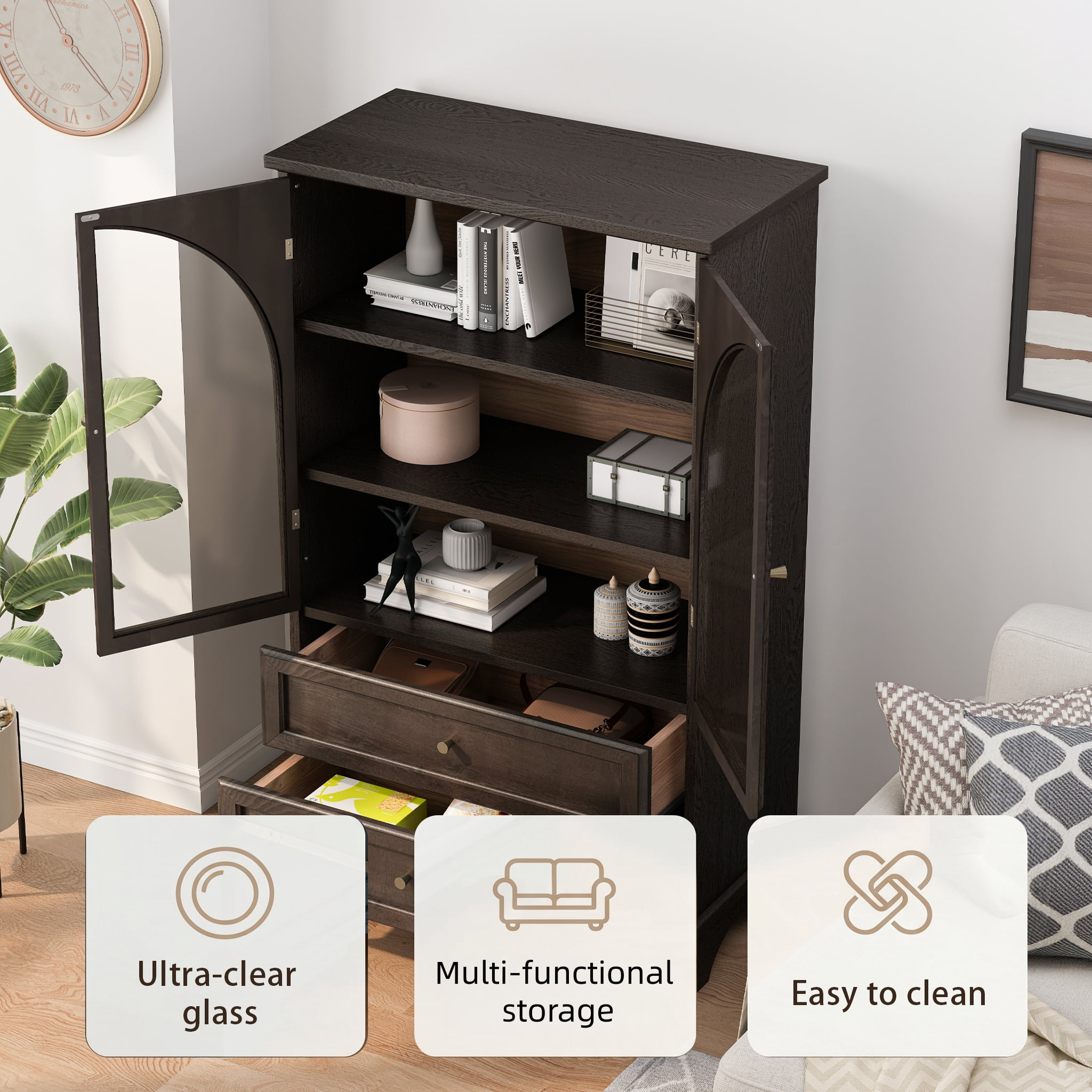 52.17"H Glass Door Display Case Storage Cabinet with 2 Drawers and Adjustable Shelf, Spacious Storage Solutions, Curio Cabinet for Living Room, Bedroom, Kitchen and Office, Brown