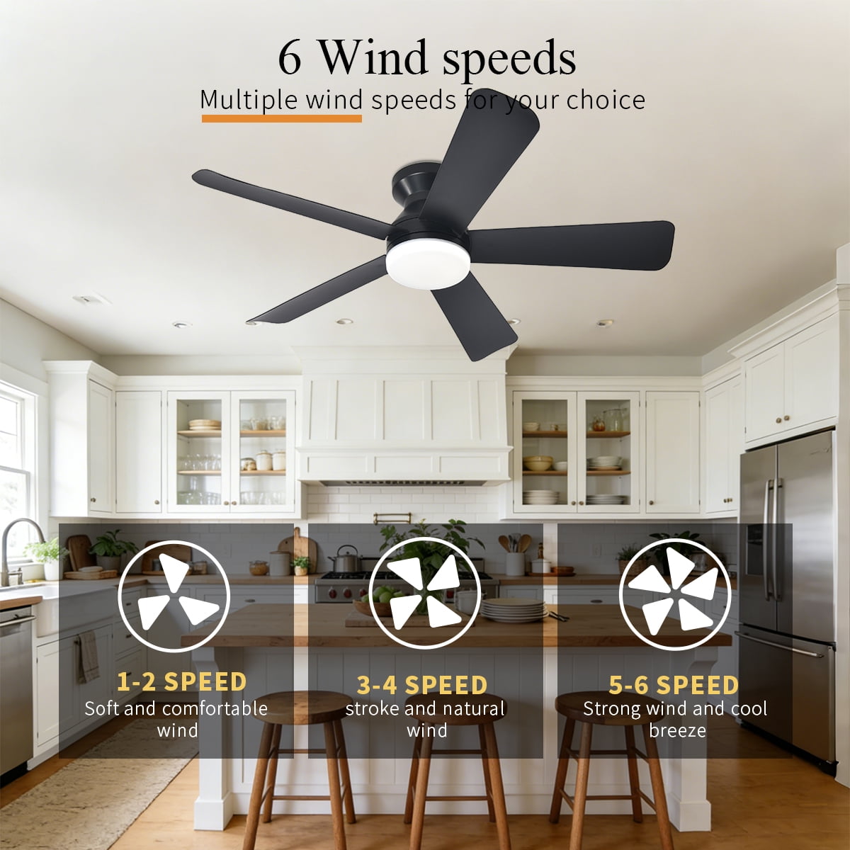 Ceiling Fans With Lights, 42 Inch Low Profile Ceiling Fan with Light and Remote Control, Modern Flush Mount Ceiling Fan With Timming, Dimmable 6 Wind Speed, for Bedroom Indoor/Outdoor Use, Black