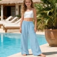 thumbnail image 2 of Wxirdiow Little Girls Sweatpants Girls Wide Leg Linen Pants Casual Summer Beach Palazzo Pants Flowy Boho High Waisted Lounge Trousers with Pockets Sky Blue Size,12-13 Years, 2 of 6