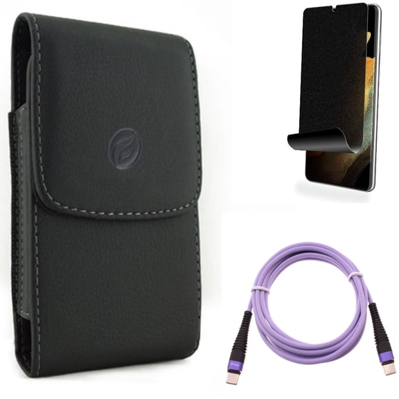 Privacy Screen Protector & Purple 6ft PD Cable & Case Belt Clip for Samsung Galaxy S21 Ultra Phone - TPU Film Fingerprint Works & Type-C to USB-C Long Charger Cord & Leather Accessory Bundle