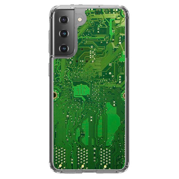 DistinctInk Clear Shockproof Hybrid Case for Galaxy S21 5G (6.2" Screen) - TPU Bumper, Acrylic Back, Tempered Glass Screen Protector - Green Circuit Board Image - Printed Circuit Board Image