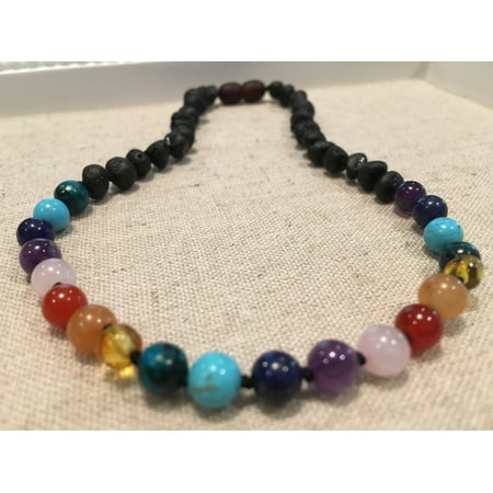 Rainbow Aura Quartz - Half Amber - 12.5 inch Baltic Amber Necklace Rainbow Raw Pink Rose Quartz Agate Amethyst Chrysocolla Toddler