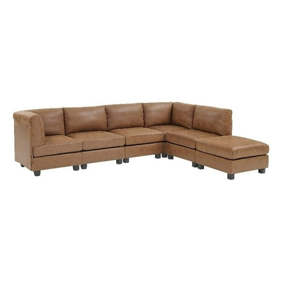 Partner Furniture Faux Leather Easy to Assemble Sectional Sofa, Caramel