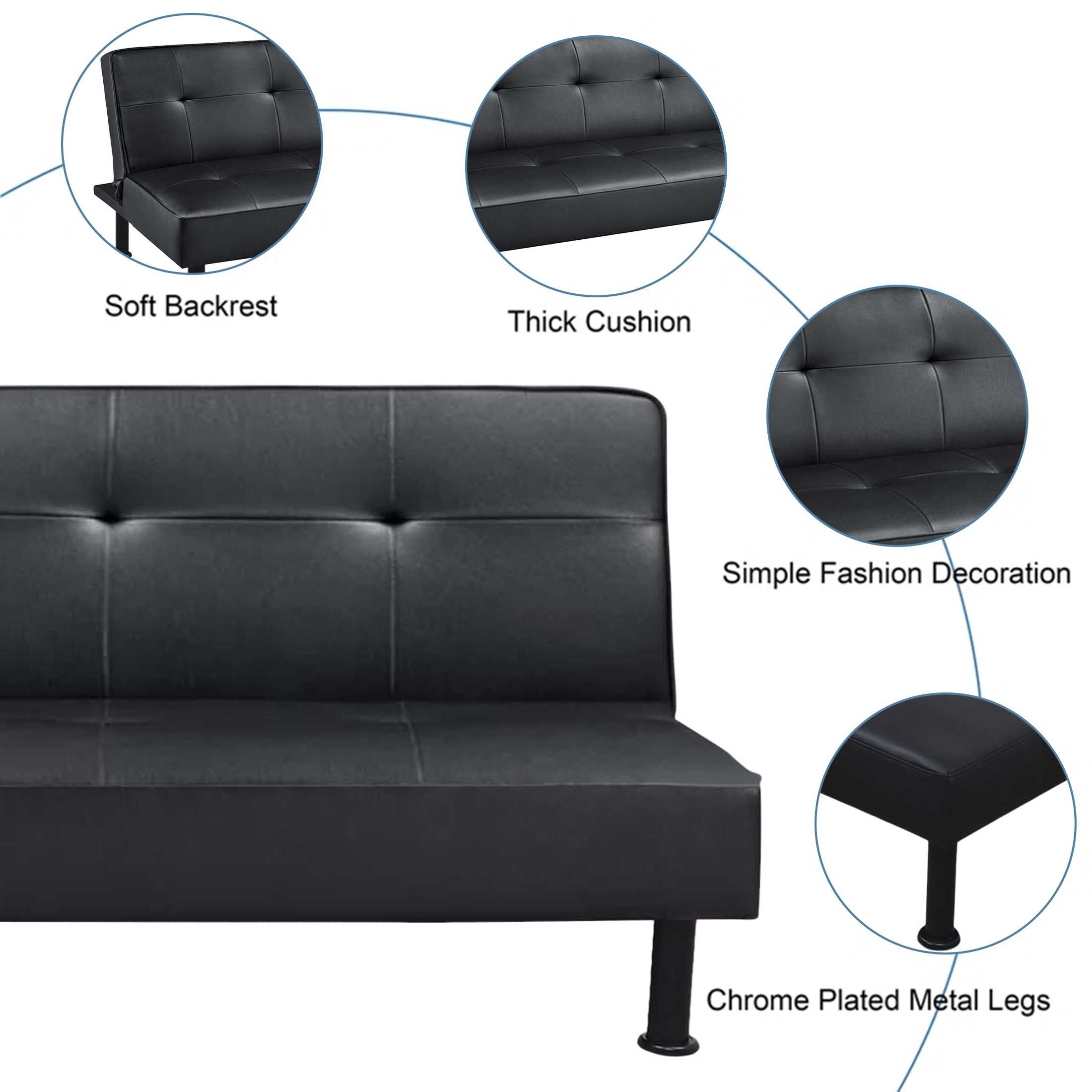 Aukfa Modern Futon Convertible Sofa Bed for Home Office, Tufted Back, Leather, Black