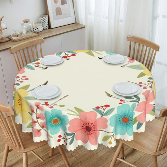 Multicolor Mixed Wildflower Wreath Round Tablecloth Waterproof Oil Proof Spill Proof Table Cloth 70" for Camping, Dining, Indoor and Outdoor Table Cover