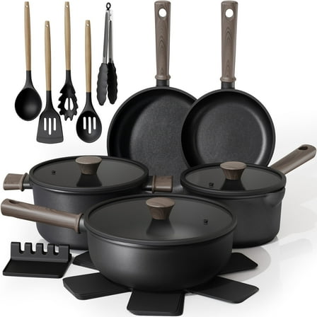 Astercook 18-Piece Pots and Pans Set, Black Titanium Induction Nonstick Cookware Set, Oven Safe to 480°F, Induction Compatible & Dishwasher Safe, Kitchen Cooking Set for RV Trips, Camping and Picnic