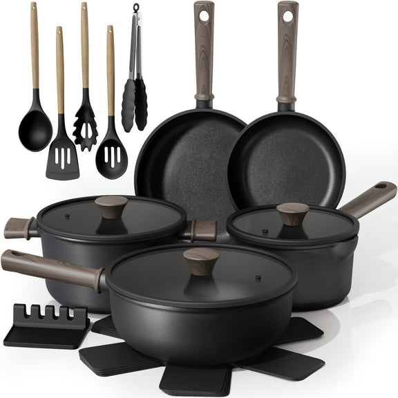 Astercook 18-Piece Pots and Pans Set, Black Titanium Induction Nonstick Cookware Set, Oven Safe to 480°F, Induction Compatible & Dishwasher Safe, Kitchen Cooking Set for RV Trips, Camping and Picnic