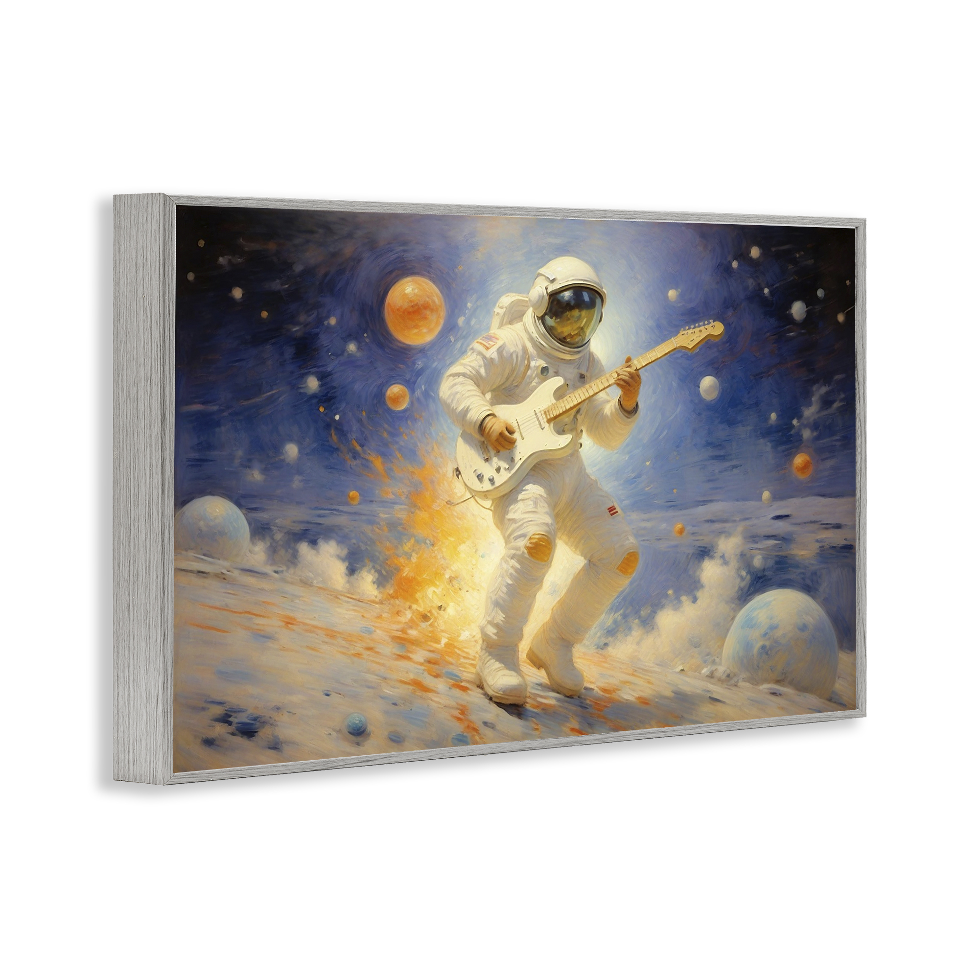 Space Astronaut Musician Gray Framed Giclee Art, design by Angie Hawke
