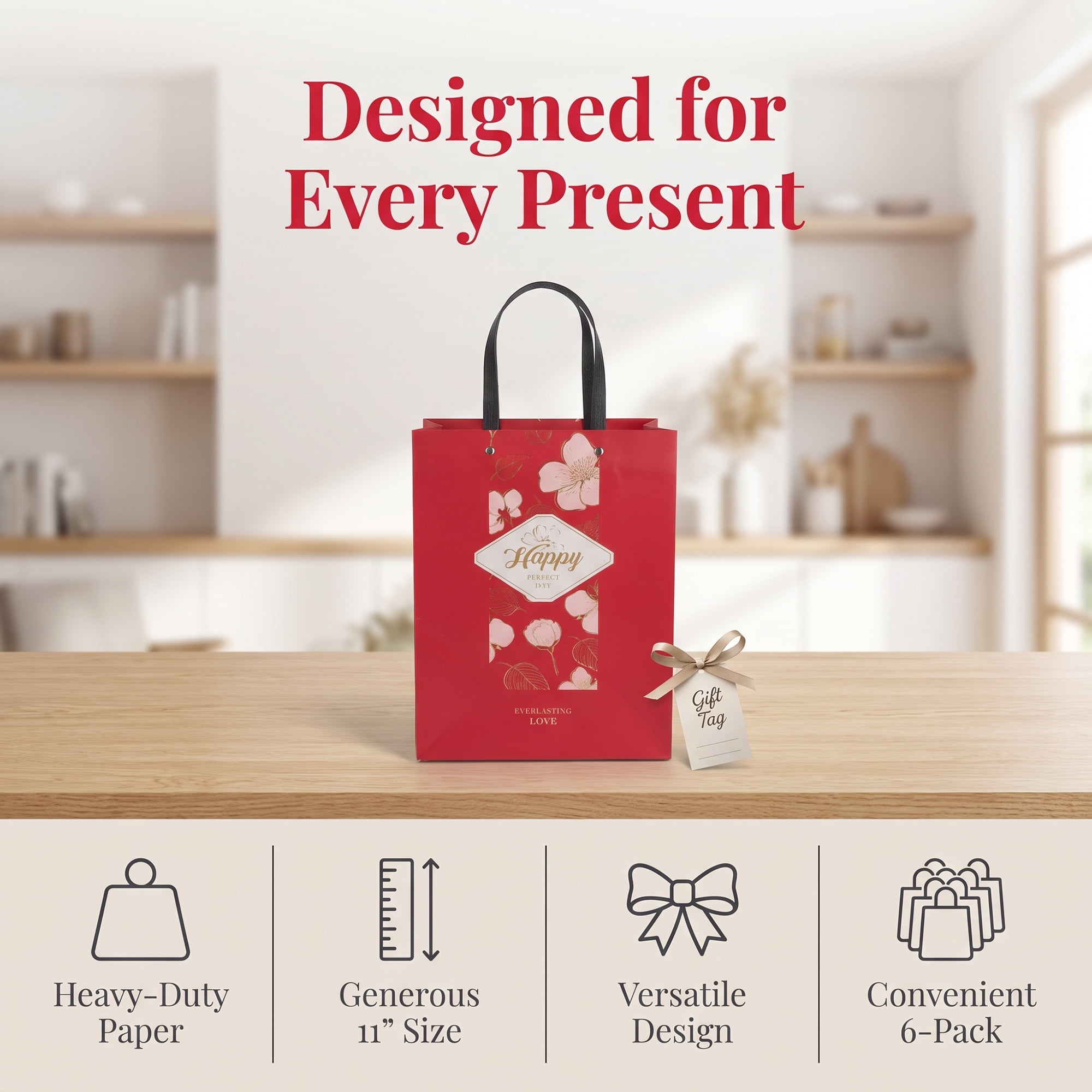 Unique Bargains Medium Gift Bags with Wide Flat Bottom for Occasions Red 8.5" x 4.3" x 11"
