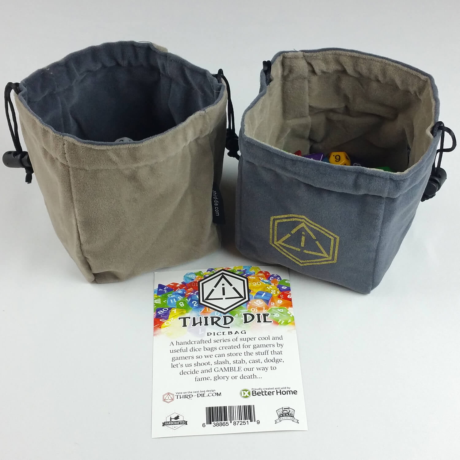 Third Dice Bag Handcrafted Reversible Drawstring That Stands Open On The Table And Closes Company Logo Series Chocolate