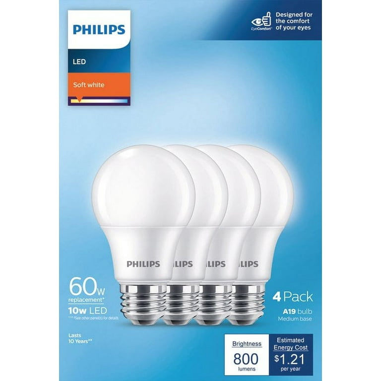 Philips Ultra Definition LED 60-Watt A19 Light Bulb, Frosted Daylight,  Dimmable, E26 Base (4-Pack)