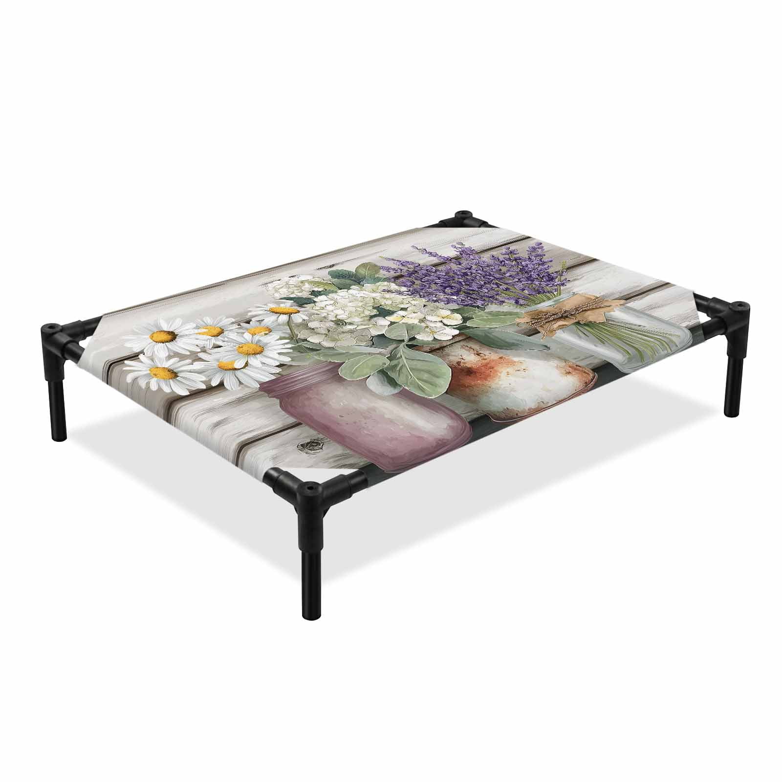 Spring Florals Elevated Dog Bed Hydrangeas Daisy Lavender Bouquet Retro Wooden Cooling Breathable Outdoor Raised Dog Cot Bed with Metal Frame Non-Slip Feet for Large Dog 28x22in