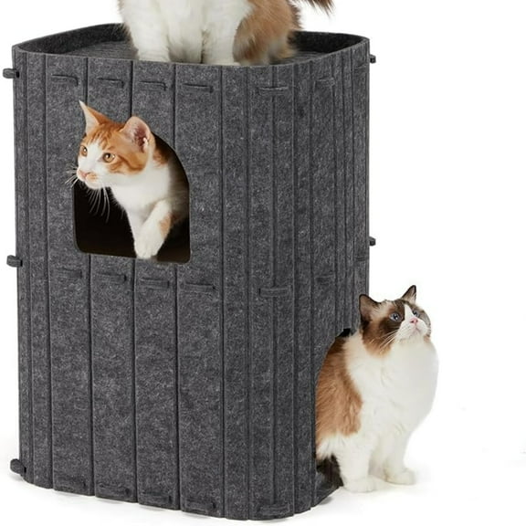 Cat House for Indoor Cats, 2-Storey Large Cat Bed, Cozy Felt Covered Cat Bed Cave, Roomy Cat Condos for Multi-Cats, Enclosed Cat Hideaway, 17.72x14.37x23.62 inches, Dark Grey