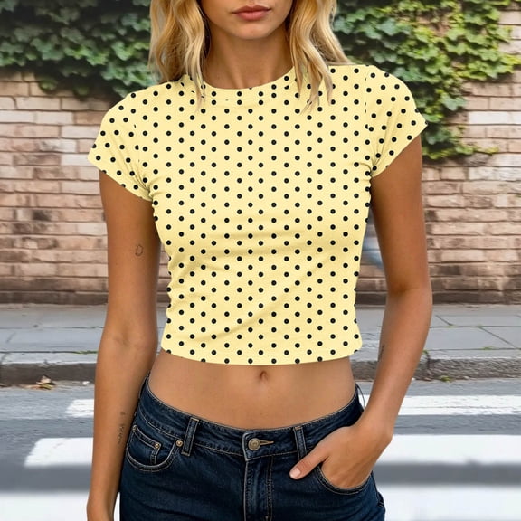 Gamivast Polka-Dot Women's Print Crop Tops Short Sleeve Y2K Baby Tees Casual Vintage Shirts Slim Fit Summer Basic T-Shirts Comfortable Everyday Retro Style Top Yellow S