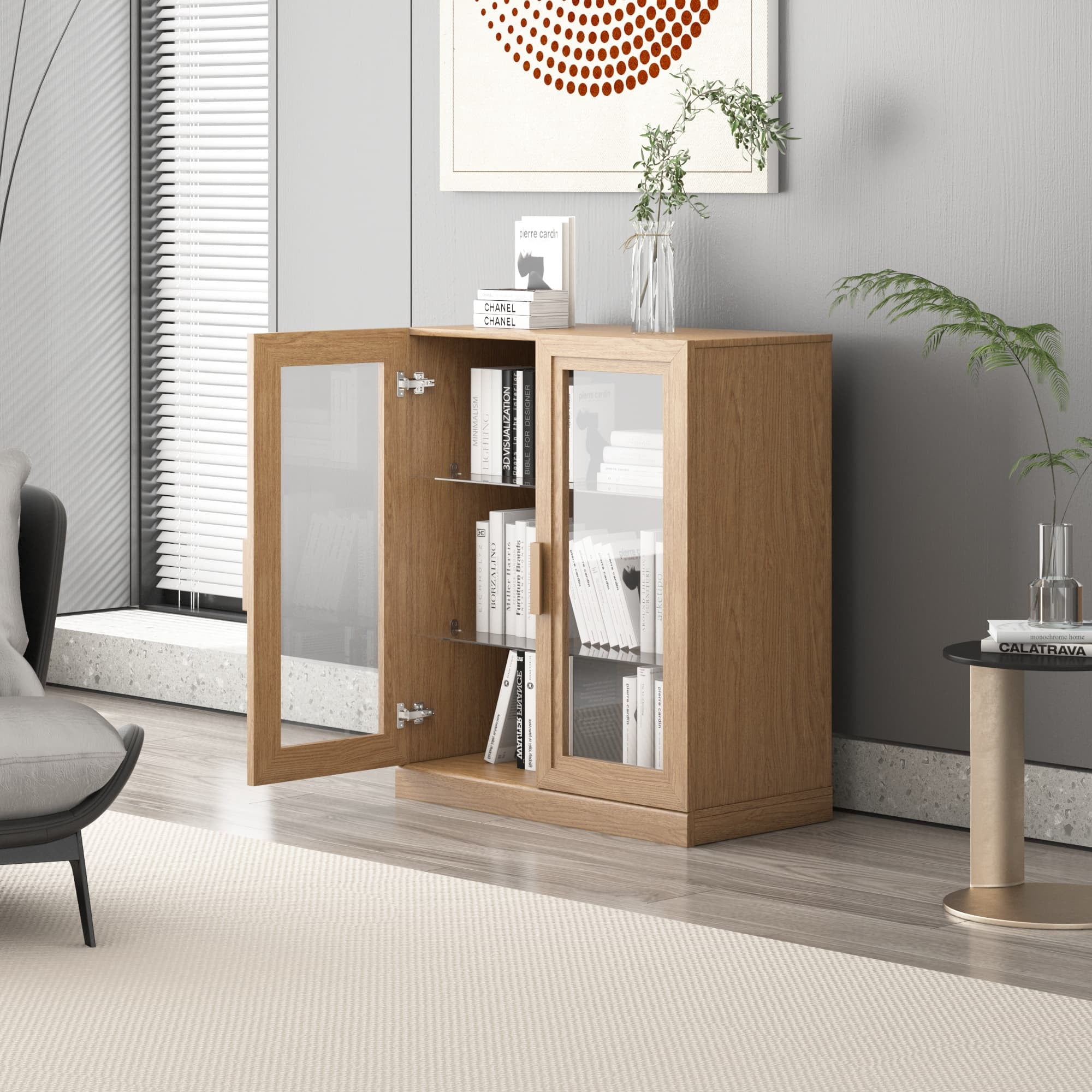 MAYEERTY Curio Display Cabinet with Glass Doors, DIY Combination Storage Cabinets with Adjustable Shelves for Living Room, Natural Wood