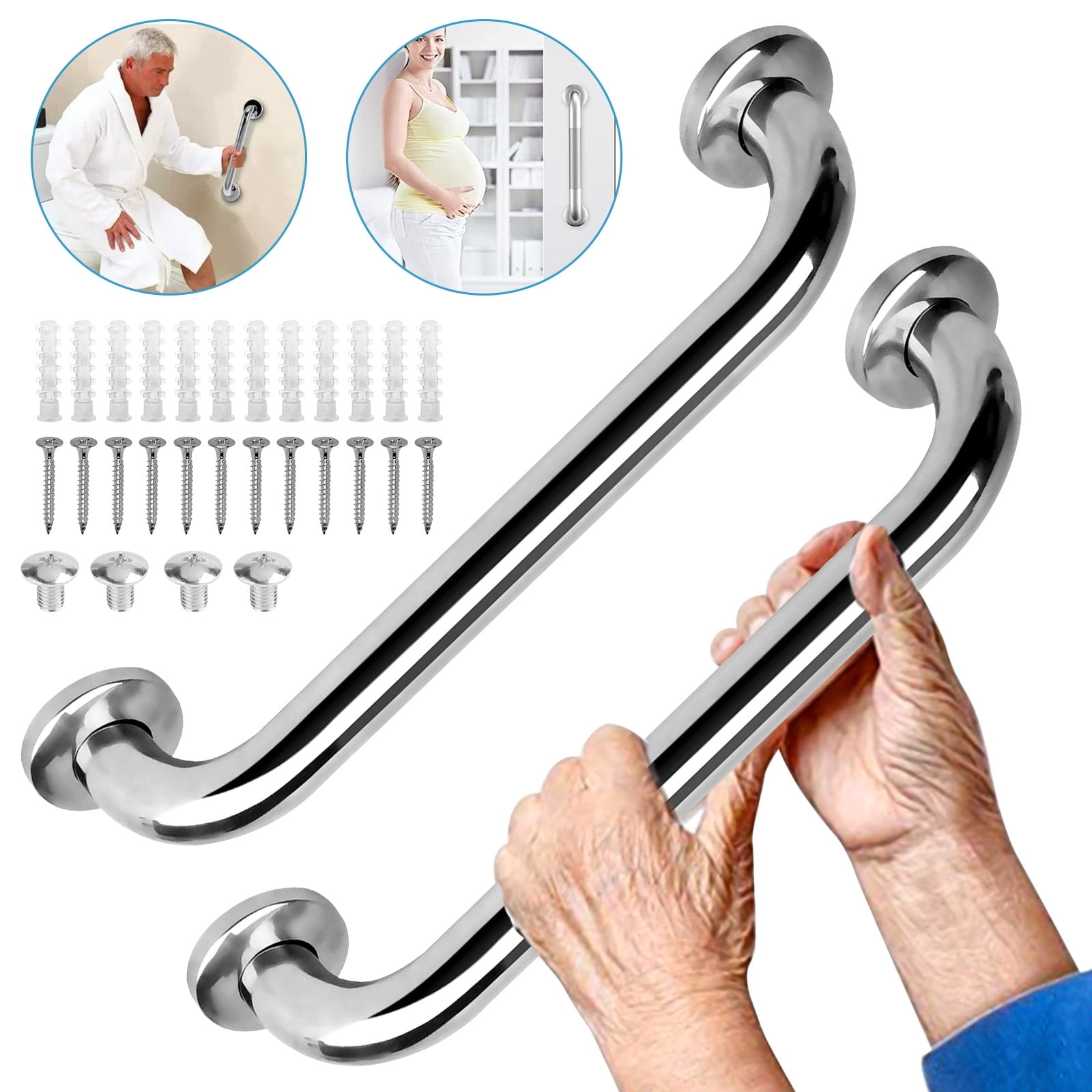 2pcs Shower Grab Bar, DISEN 12in Stainless Steel Bathroom Grab Bar, Shower Handle, Safety Hand Rail Support, Bathroom Balance Grip Bar, Senior Assist Bath Handle for Handicap Elderly Injury Pregnant