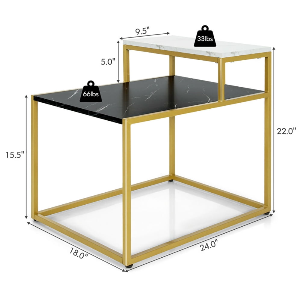 Finihen End Side Table, Rectangular Coffee Table, Gold Metal Frame Side Table, 2 Tier End Side Table with Metal Frame and Storage Shelf, for Living Room, Reception Room, White Finihen End Side Table, Rectangular Coffee Table, Gold Metal Frame Side Table, 2 Tier End Side Table with Metal Frame and Storage Shelf, for Living Room, Reception Room, White