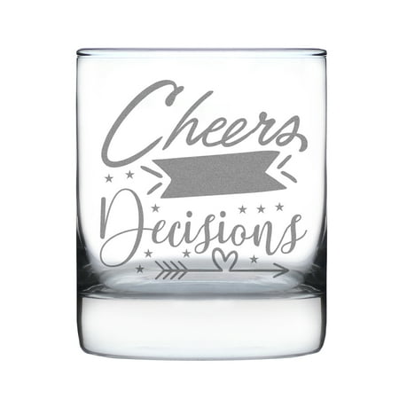 

Cheers To Pour Decisions Hand Engraved 10oz Rocks Glass Whimsical Barware Gift Fun Etched Beverage