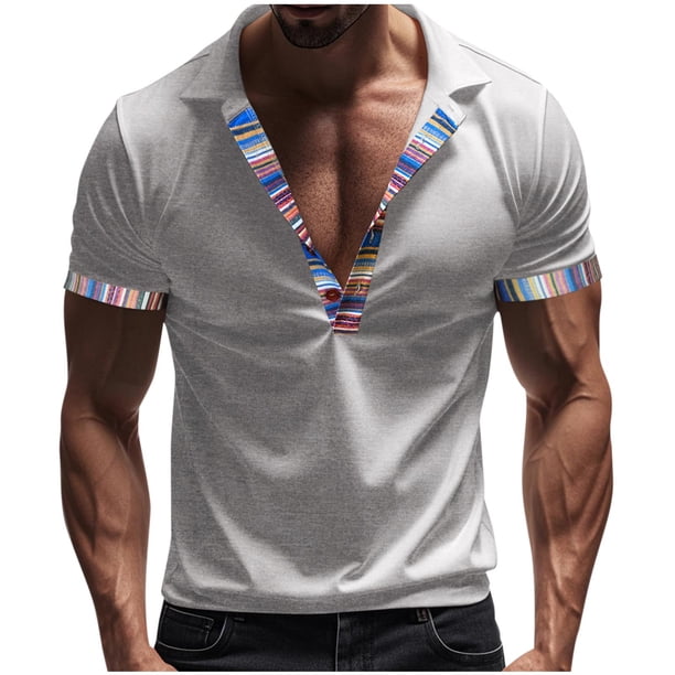 Blusa y camisa de manga corta con cuello vuelto para hombre, informal, de verano, de poliéster, con cuello vuelto y retazos.