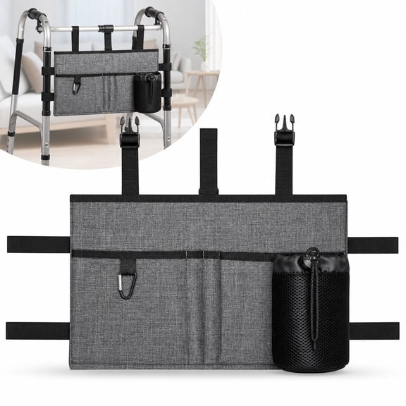 Large Walker Tote Bag with Cup Holder, Folding Walker Attachment Hands-Free Storage Basket Mobility Aid Accessory Pouch for Elderly, Senior, Gray