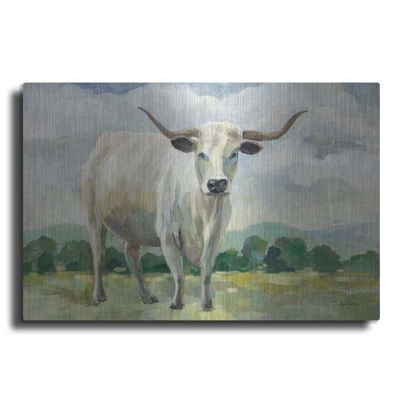 Luxe Metal Art 'White Longhorn Cow'  by Silvia Vassileva Metal Wall Art, 24" x 16"