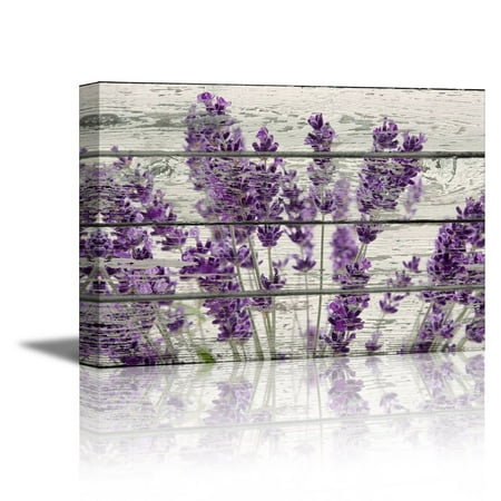 wall26 Rustic Home Decor Canvas Wall Art - Retro Style Purple Lavender Flowers on Vintage Wood Background Modern Living Room/Bedroom Decoration Stretched and Ready to Hang - 16