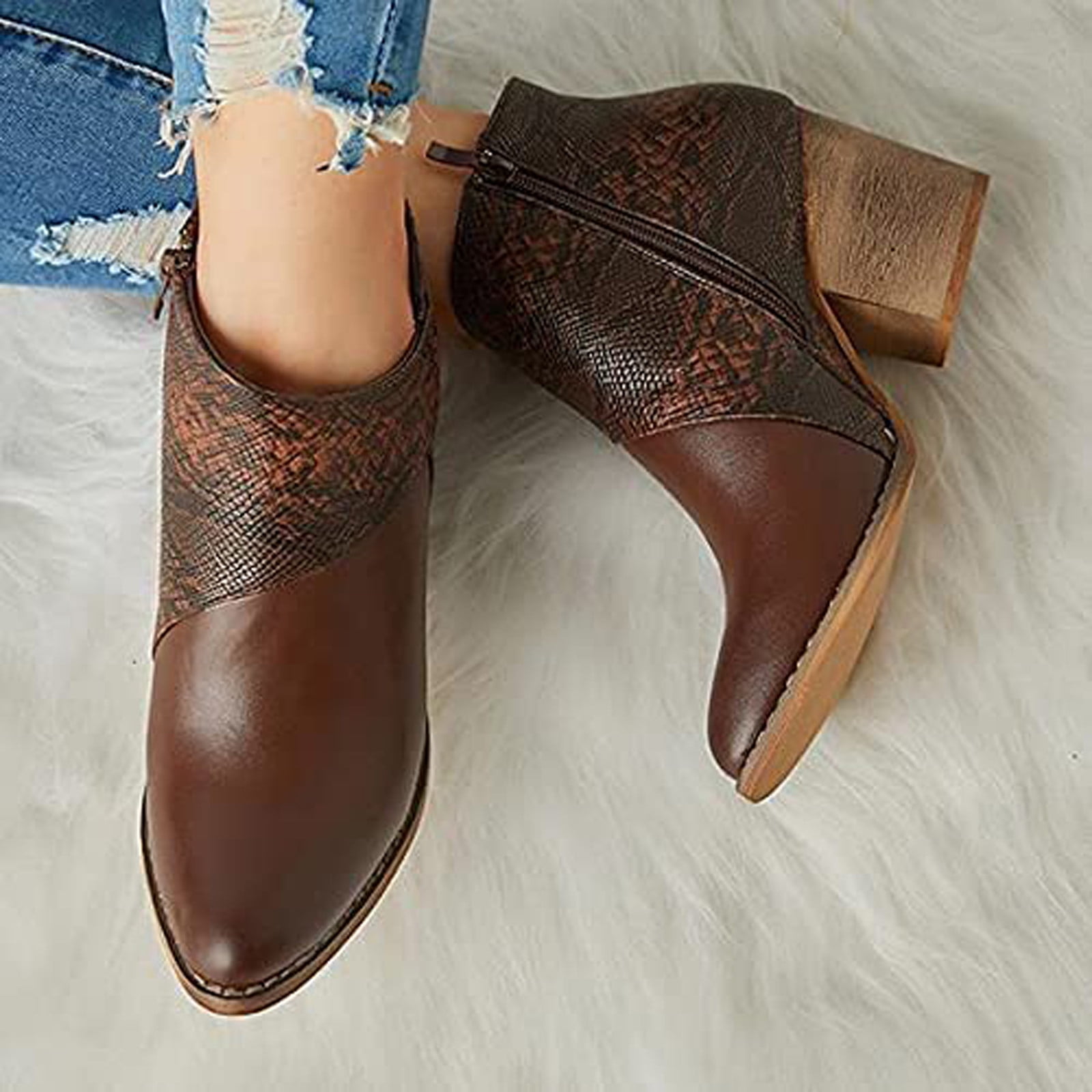 Comfy Faux Leather Fashion Patchwork Square Toe Mid-Calf Boot Shoes for Women Medium Chunky Heel Booties Side Zipper Womens Lace Up Riding Boots 