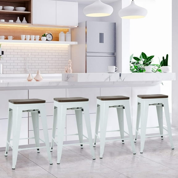 Dkelincs 24 inch Metal Bar Stools Set of 4 Stackable Backless Counter Height Kitchen Dining Bar Chair Wood Seat, White