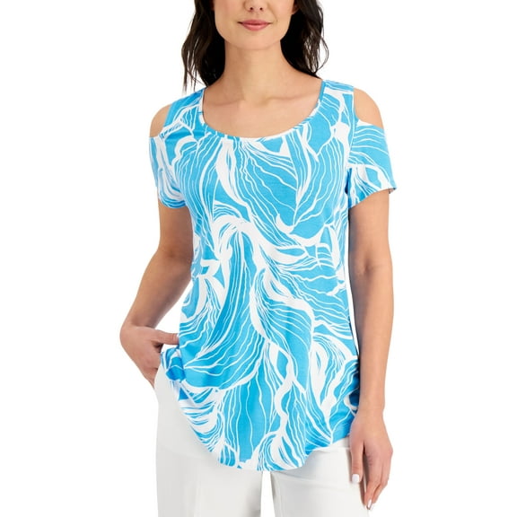 JM Collection Floral Print Cold Shoulder Top Ocean Turquiose Combo M