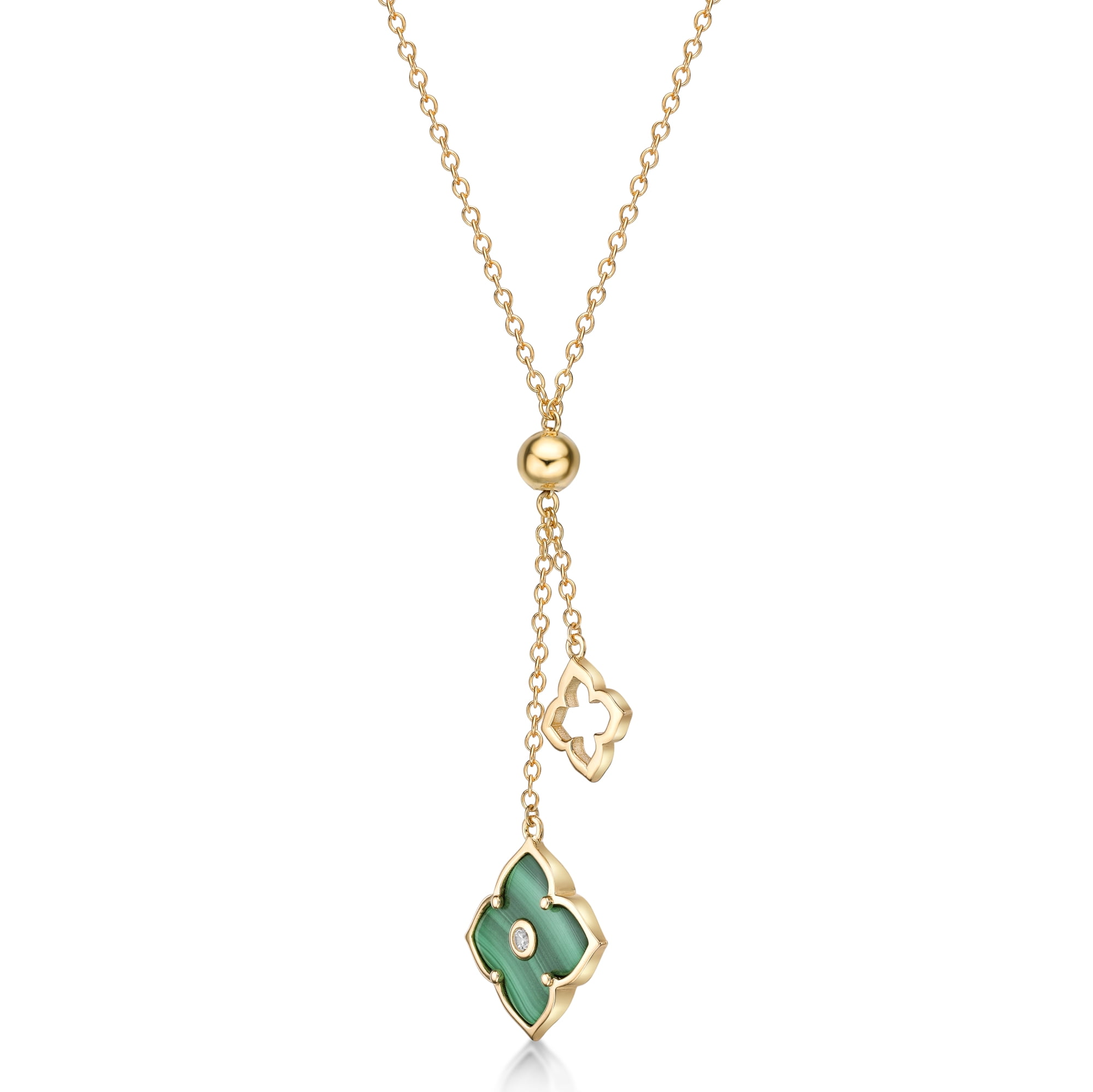 Malachite and Cubic Zirconia Double Flower Pendant Necklace for Women in 925 Sterling Silver with Yellow Gold Plating 16 to 18 Inches Adjustable Spring Ring by Lavari Jewelers
