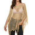 thumbnail image 2 of Women's Fringe Tassel Hollow Out Knit Beach Cover Up, Lightweight Flowy Poncho with Side Split Design, for Summer Poolside, Seaside Vacation or Resort Wear Gold One Size, 2 of 4
