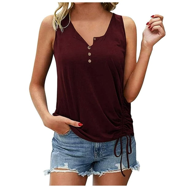Moda mujer verano cuello redondo Casual sólido botón camisetas sin mangas blusa sin mangas Fridja bn3230