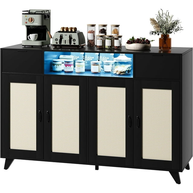 47.2“”Rattan Sideboard Cabinet with Charging Station & LED Lighting, Boho Buffet with Adjustable Shelves for Living Room & Dining Room