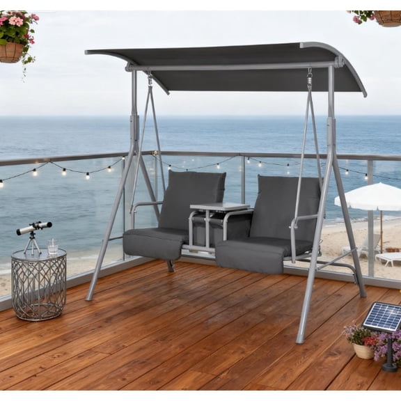 Outdoor Patio Swing Chair with Canopy & Storage Table for Porch, Garden, Poolside | Gray | Steel, Polyester