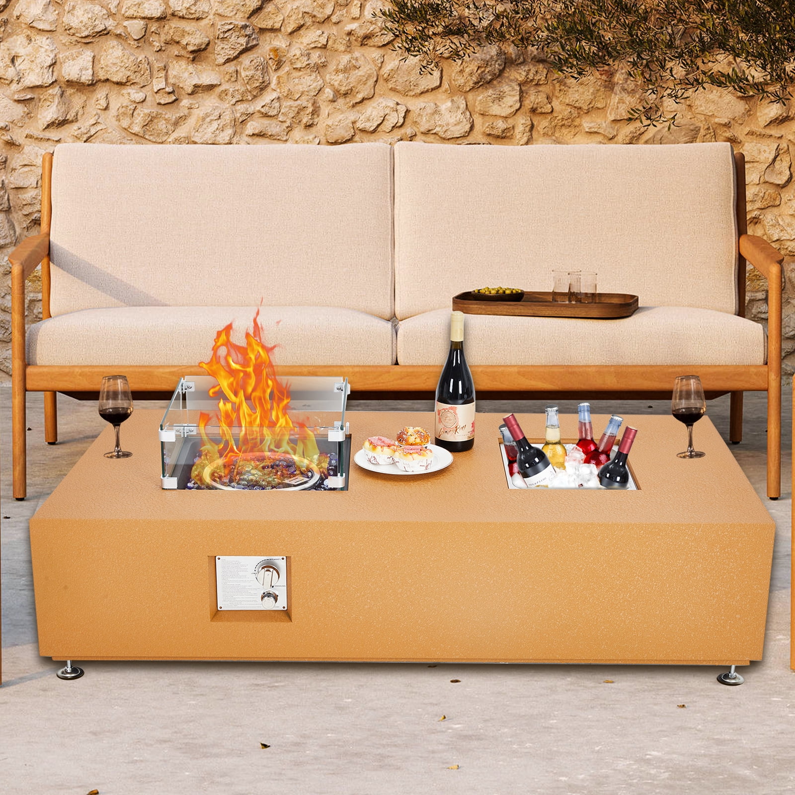 Outdoor Propane Gas Fire Pit Table, 50000 BTU Firepit with Wind Guard, Rain Cover for Outside Patio